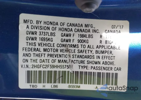 2017 Honda Civic Lx z USA, uszkodzony, nr VIN 2HGFC2F59HH557501